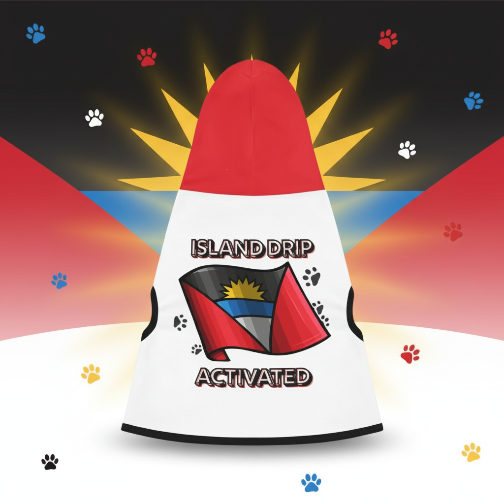 Vest with 'Island Drip Activated' text and flag design on a beach background