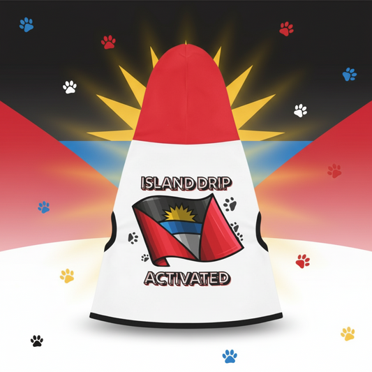 Vest with 'Island Drip Activated' text and flag design on a beach background