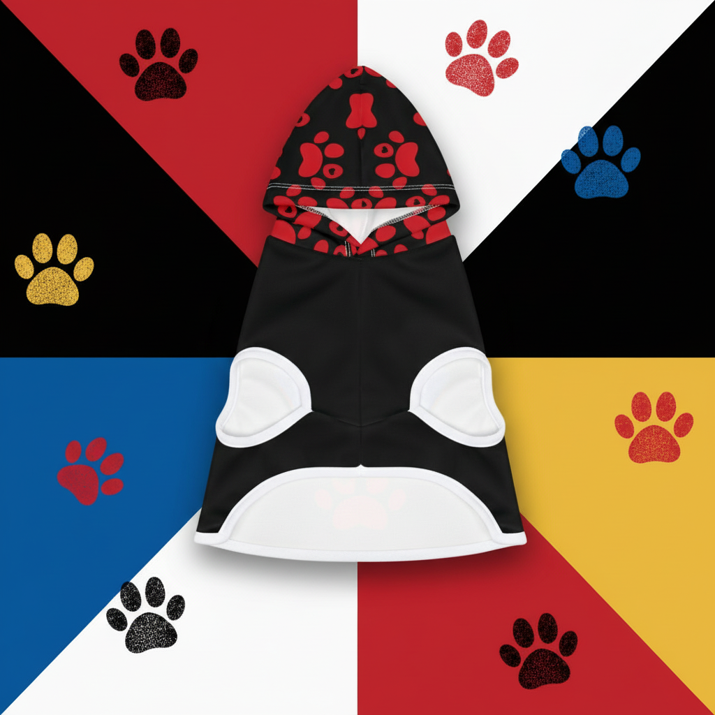 Black and red pet hoodie with paw print design on sand