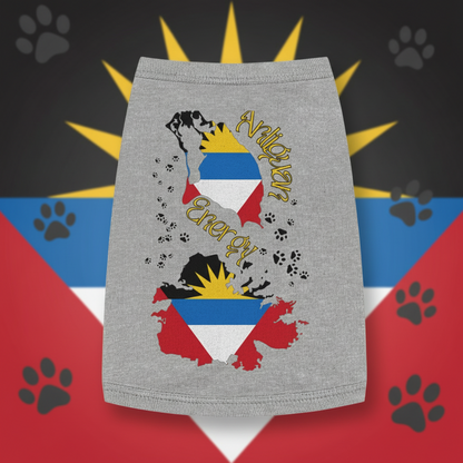 Gray skirt with Antigua and Barbuda flag design and text on a beach background