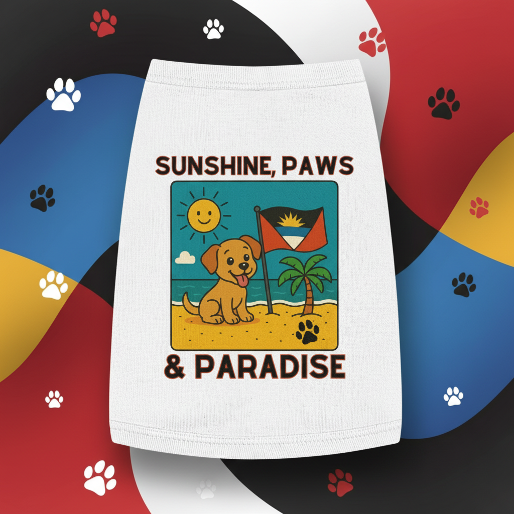 Pet harness with a beach design and text 'Sunshine, Paws & Paradise' against a cartoon beach background.