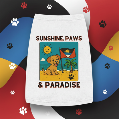 Pet harness with a beach design and text 'Sunshine, Paws & Paradise' against a cartoon beach background.