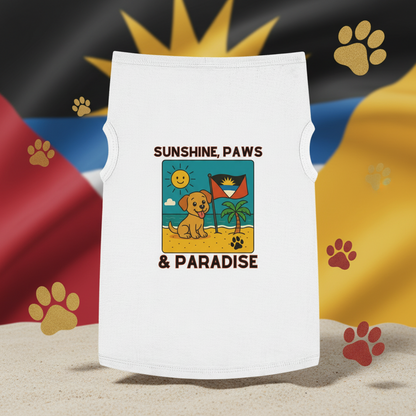 White sleeveless shirt with a beach-themed design featuring a dog, sun, and palm tree on a tropical beach background.