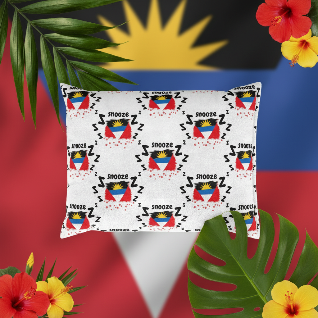 Pillow with 'snooze' and flag design on a yellow background