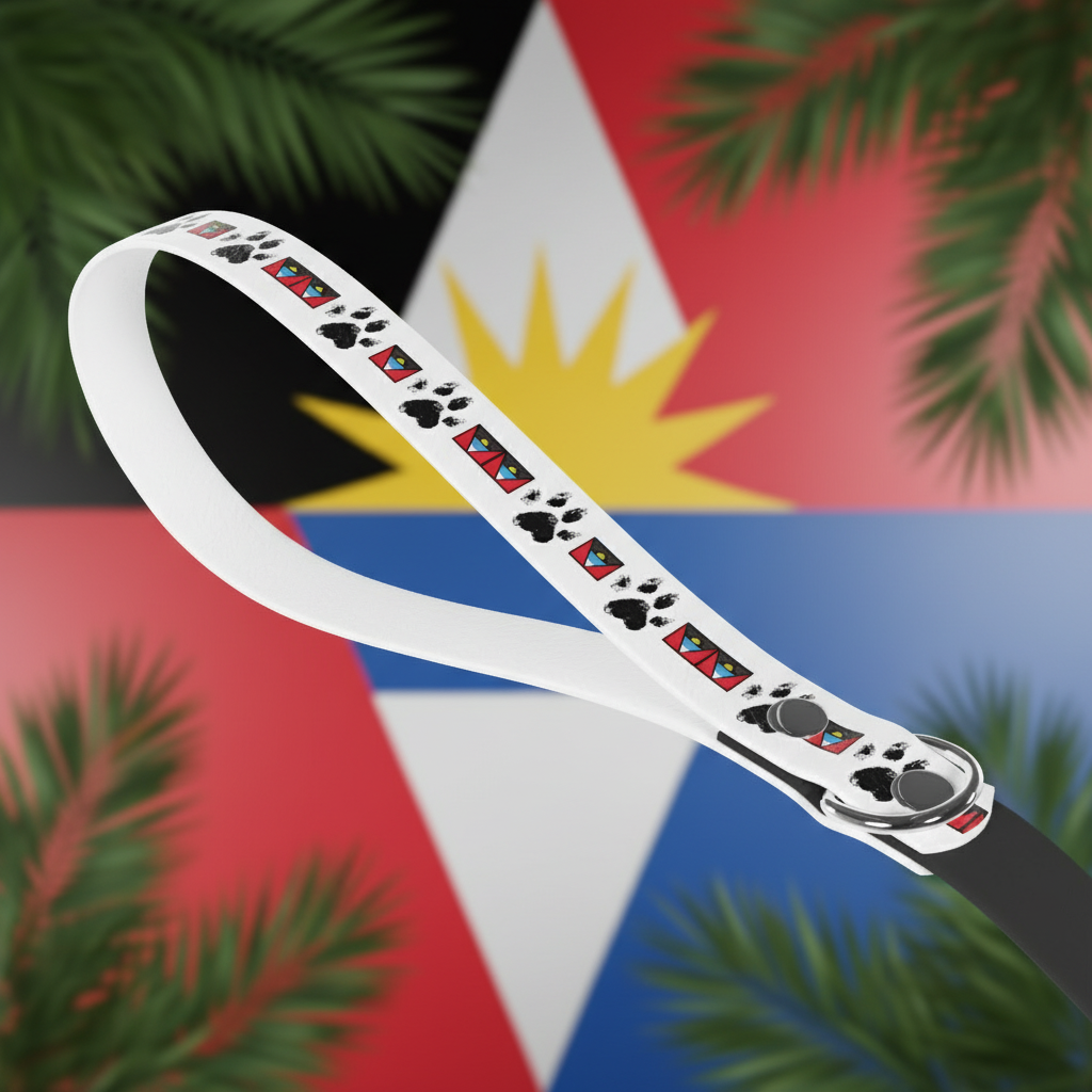 White dog leash with paw print design against a blurred beach background