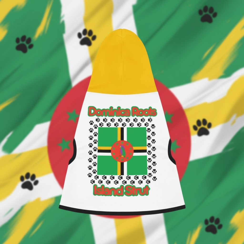 Dog vest with Dominica Roots design on a blurred green background