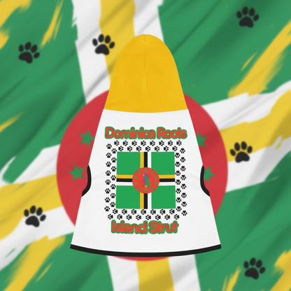 Dog vest with Dominica Roots design on a blurred green background