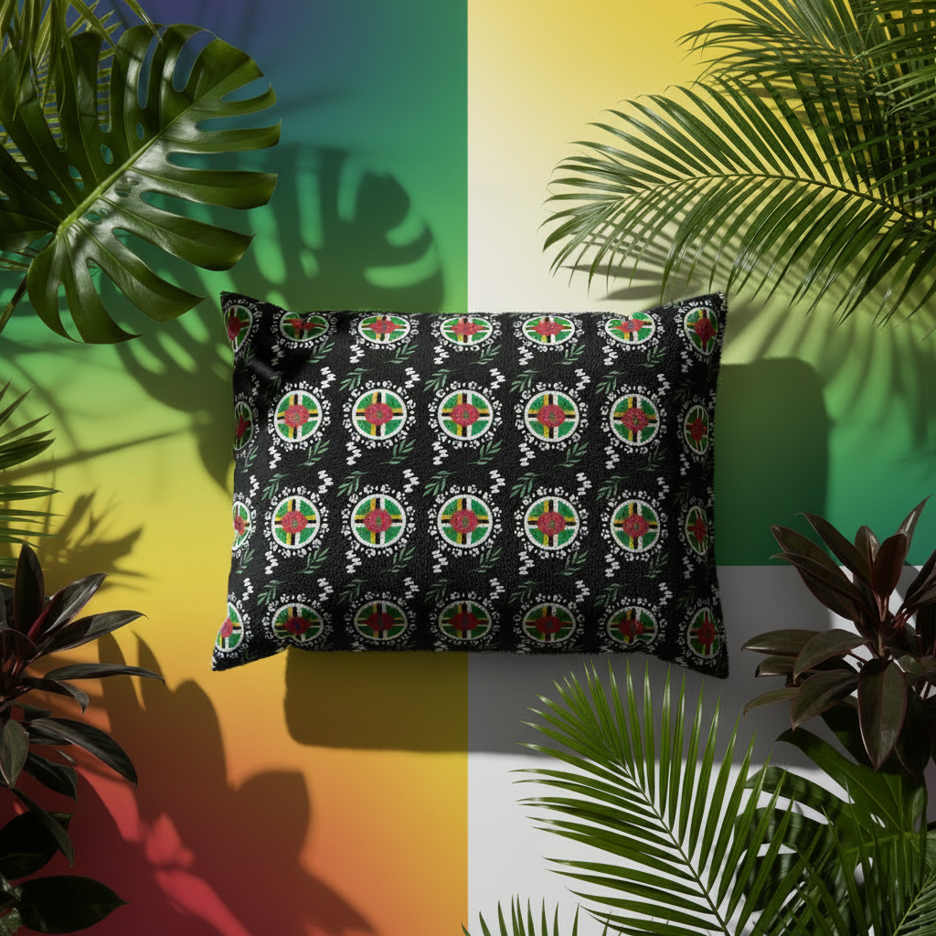 Pillow with a pattern of colorful circles on a black background