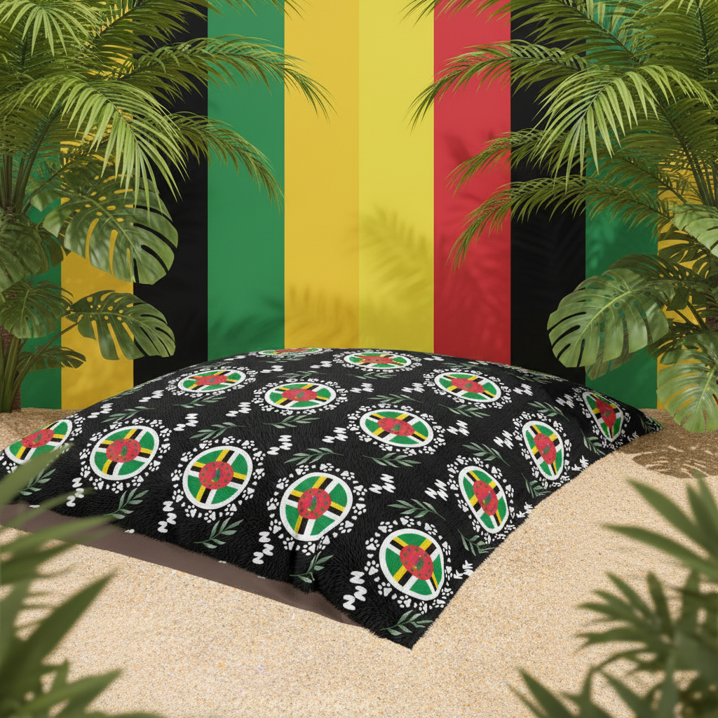 Black towel with a pattern of circular designs featuring roses and leaves, laid on sand.