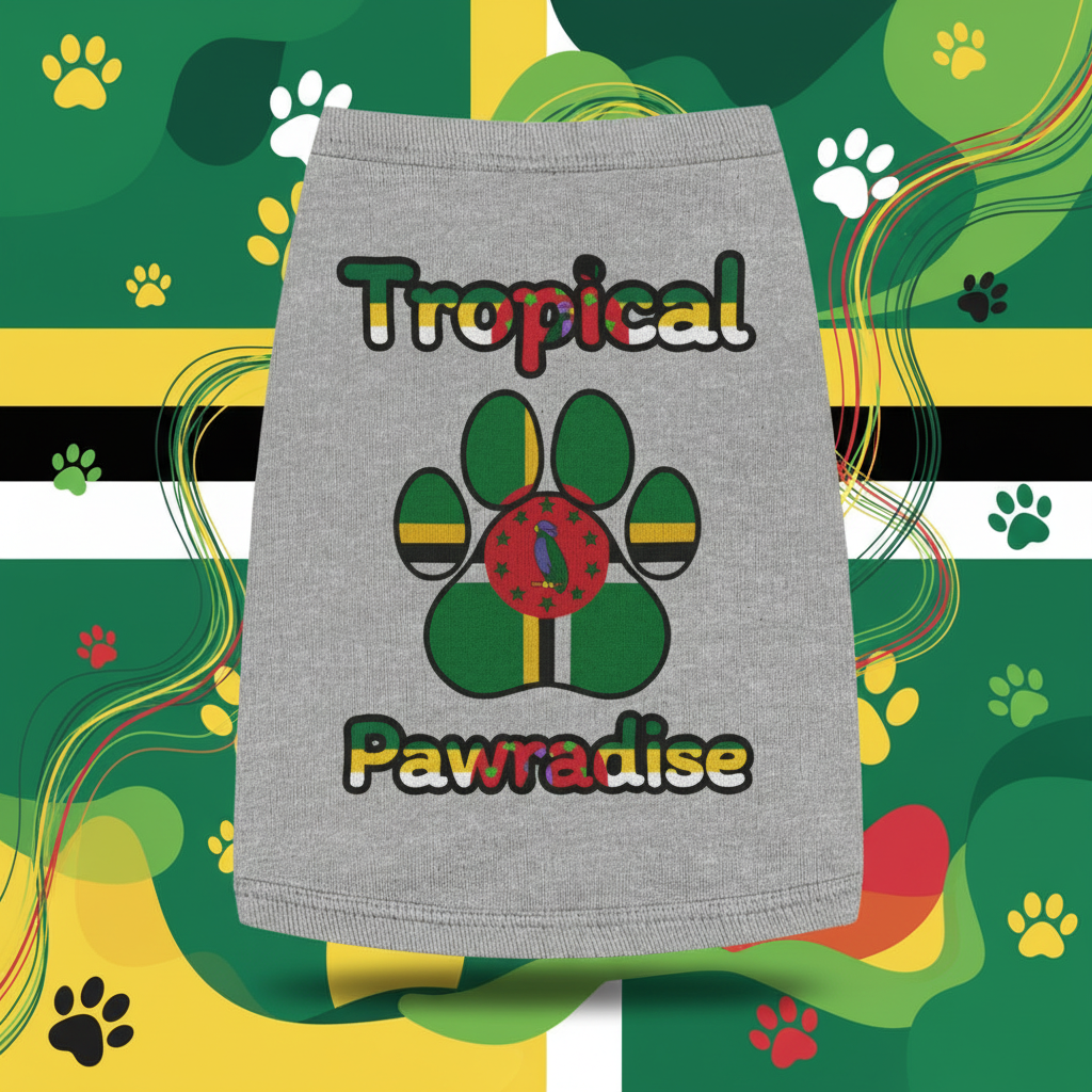 Gray pet dress with 'Tropical Pawradise' design on a tropical leaf background