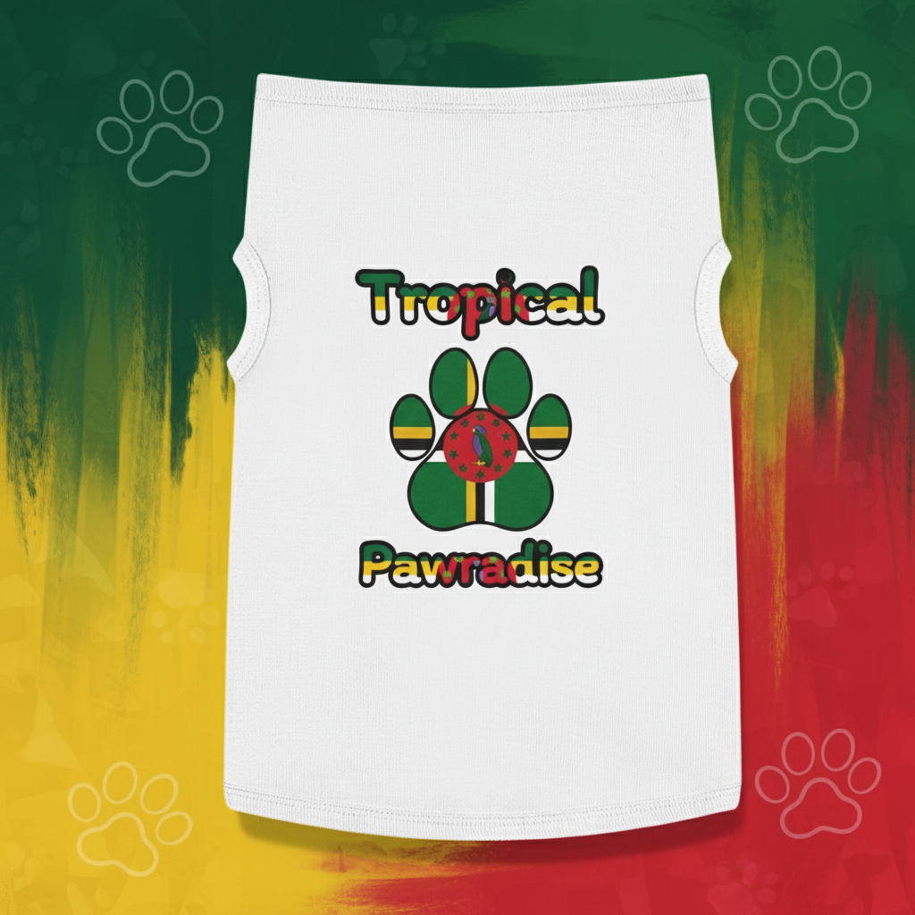 White sleeveless shirt with 'Tropical Pawradise' design on a turquoise background with palm leaves.