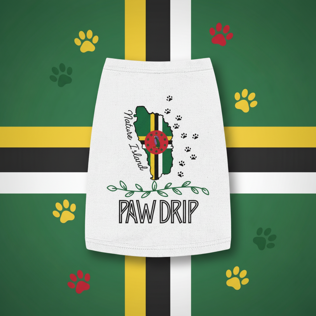 White towel with a map design and 'Paw Drip' text on a tropical leaf background