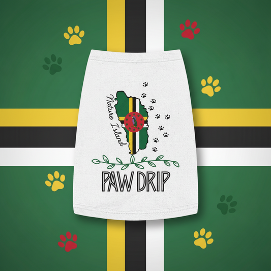White towel with a map design and 'Paw Drip' text on a tropical leaf background