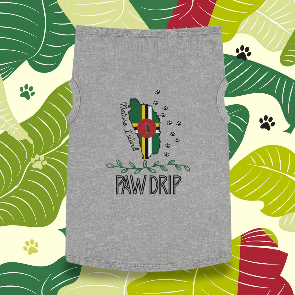 Gray pet tank top with paw print design on a leaf patterned background