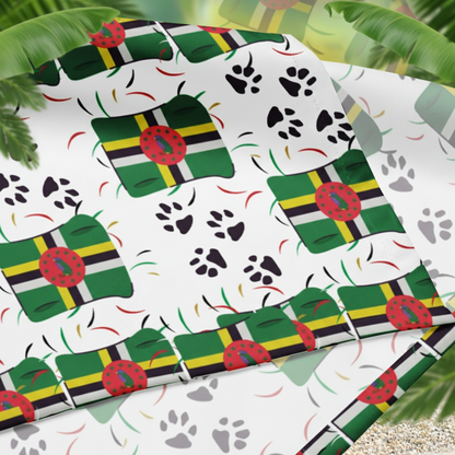 Patterned fabric with a design resembling the flag of Dominica and paw prints on a white background.